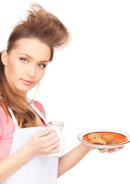 Premium Photo Picture Of Beautiful Housewife With Milk And Cookies