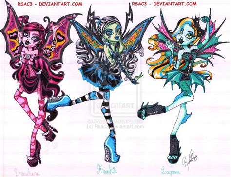three cartoon girls with different costumes and hair