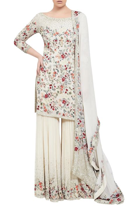 Buy Nakul Sen Off White Chiffon Floral Embroidered Kurta Sharara Set Online Aza Fashions