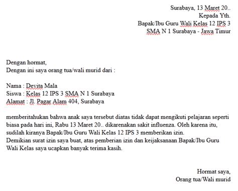 6 Contoh Surat Izin Sakit Tidak Masuk Sekolah Yang Baik ...