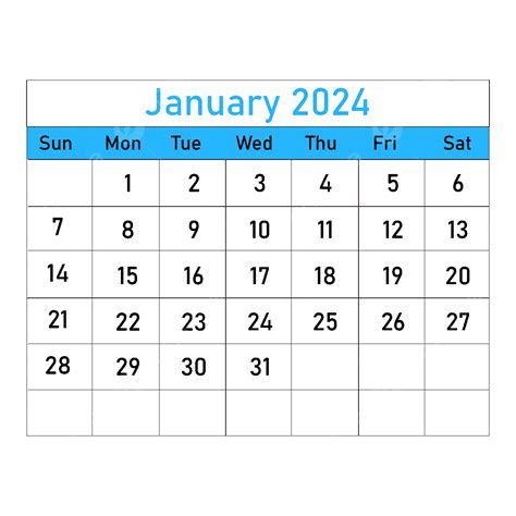 Gambar Kalender Bulanan Sederhana Untuk Januari 2024 Vektor 2024