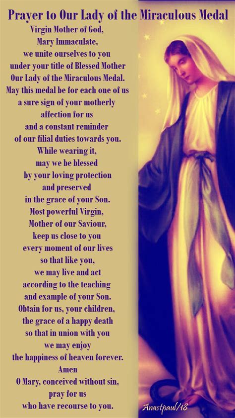 Prayer To Our Lady Of The Miraculous Medal Virgin Mother Of God Mary Immaculate We Unite