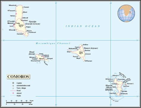 Подробная политическая карта Коморских островов и Майотты с городами