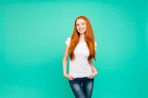 Premium Photo Portrait Nice Redhead Girl Isolated Over Turquoise Wall