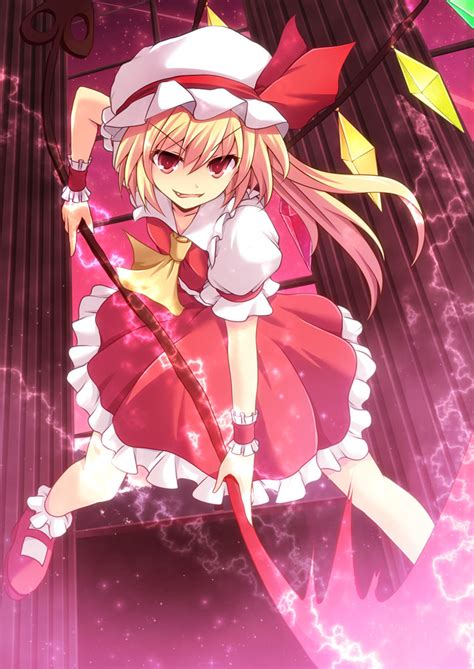 Safebooru 1girl Ascot Blonde Hair Bow Cross Crossryou Dress Fang Flandre Scarlet Hat Hat Bow