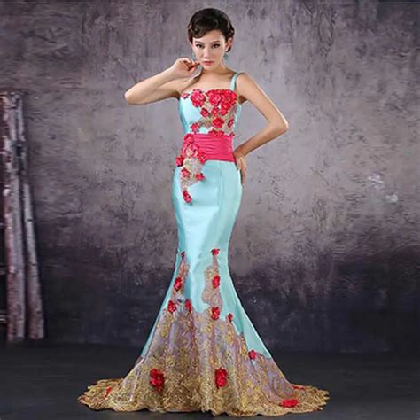 blue cheongsam chinese traditional dress one shoulder dresses sexy women evening gown backless