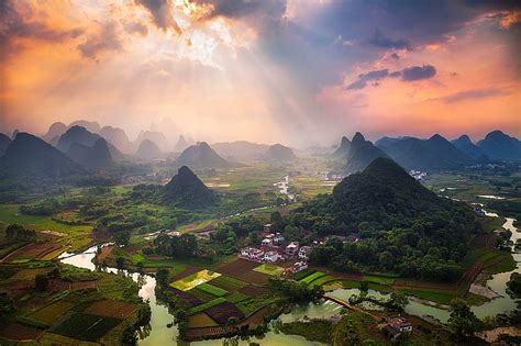 1920x1080px 1080p Free Download Sunrays Over A Village In China