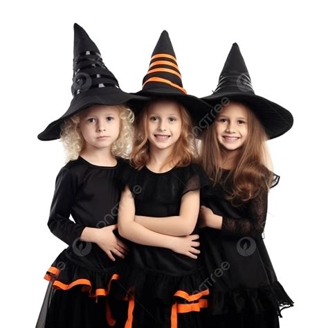 três irmãs em fantasias de bruxa se divertem comemorando o halloween png mãos da família