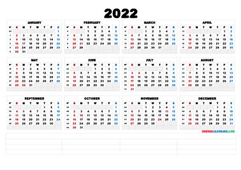 2022 Free Printable Yearly Calendar 6 Templates Effective 12 Month