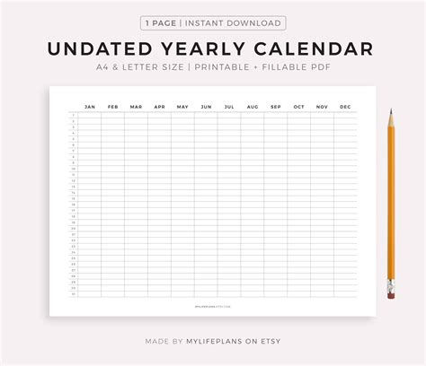 Undated Year Calendar Printable Fillable Year At A Glance Etsy