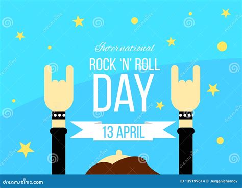 Rock N Roll Day Poster With Rockers Hands Up And Stars Flat Stock