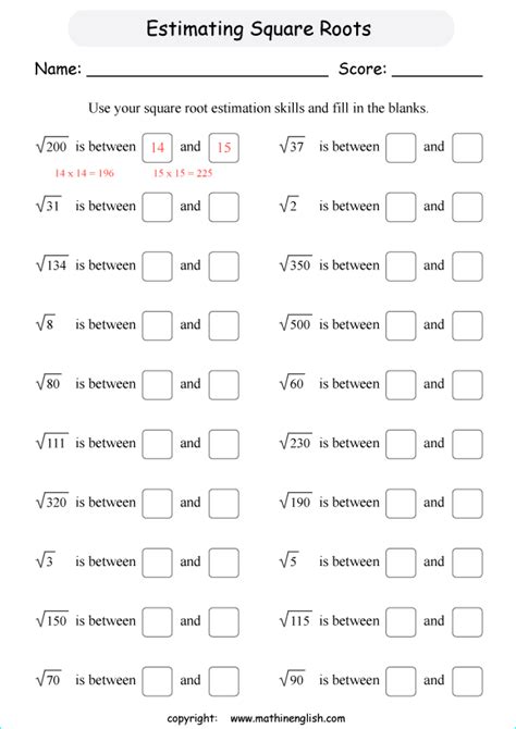Simple Square Root Worksheets
