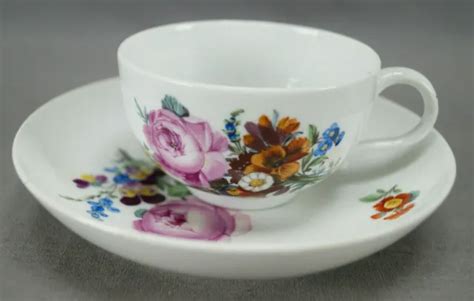 Meissen Marcolini Hand Painted Pink Rose Floral Tea Cup Saucer C