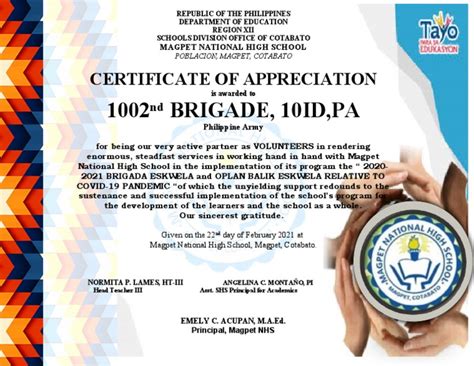Certificate Brigada Eskwela 2021 Pdf