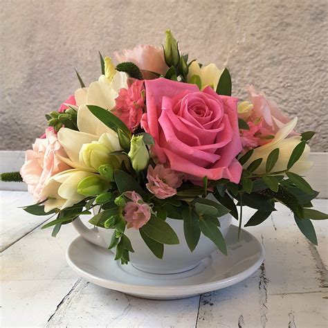 Pink And White Floral Arrangement In A Teacup Summer Flower