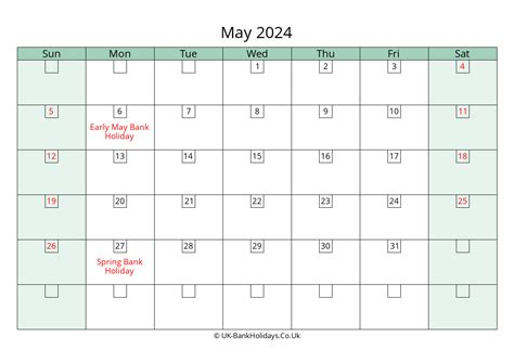 May 2024 Calendar Printable with Bank Holidays UK
