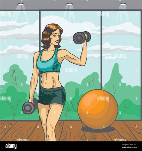 Woman With Barbell Vector Illustration In Retro Pop Art Style Sport Fitness Concept Comic