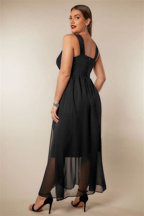 Black Chiffon Maxi Dress With Wrap Front Lace Details Plus Size 16 To 36