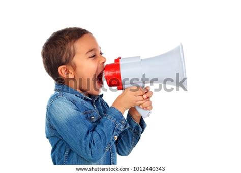 Small Boy Shouting Through Megaphone Isolated Stock Photo Edit Now