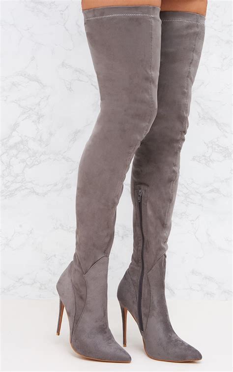 grey faux suede thigh high heeled boots prettylittlething ksa