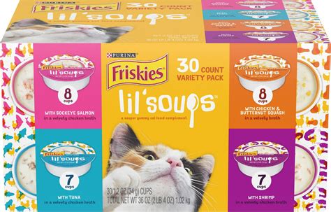 Hartz delectables stew chicken & tuna lickable cat treat is a deliciously unique, single serve, wet treat cats purr for. Friskies Lil' Soups Broths Variety Pack Lickable Cat ...