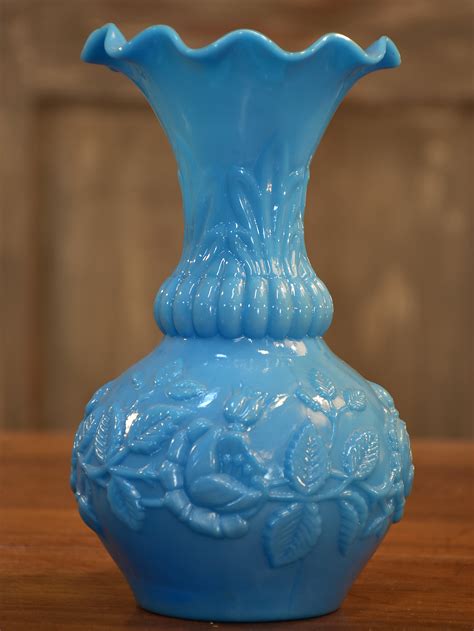 Antique French Blue Opaline Vase Sky Blue Milk Glass Chez Pluie