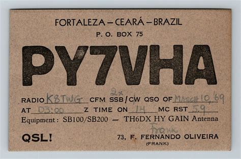 1969 Fortaleza Brazil Ham Radio Qsl Card Py7vha Fernando Frank Oliveira Ebay