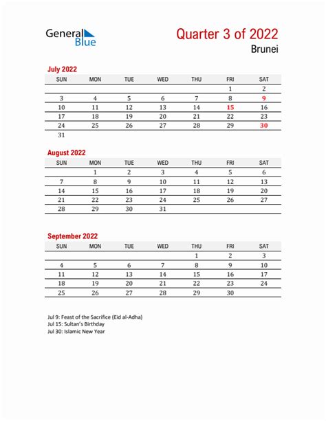 Q3 2022 Quarterly Calendar With Brunei Holidays