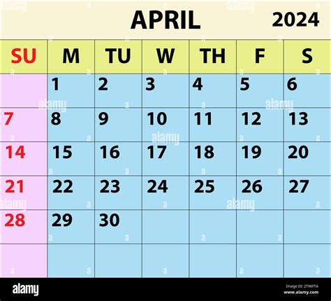 2024 April Month Calendar Color Vector Illustrator Calendar Design