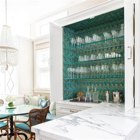Bar Cabinet Lined With Gold And Blue Metallic Wallpaper Cottage
