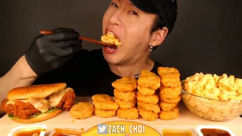 Zach Choi Asmr Mukbang Cheesy Chicken Nuggets And Spicy Chicken Sandwich And Mac N Cheese Bites