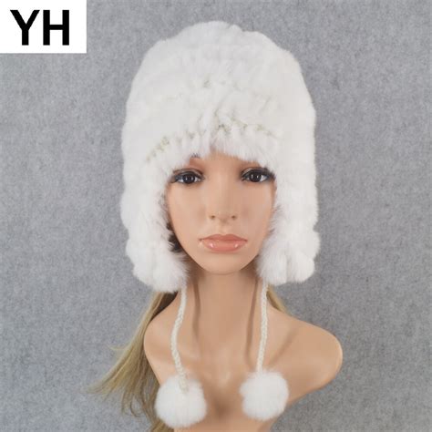 Handmade Knitted Rex Rabbit Fur Beanies Hats Winter Warm Soft Women