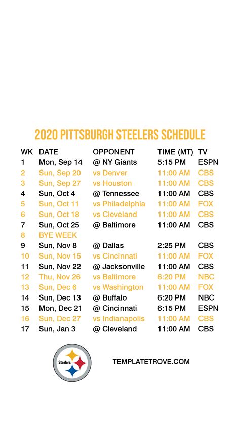 2020-2021 Pittsburgh Steelers Lock Screen Schedule for iPhone 6-7-8 Plus
