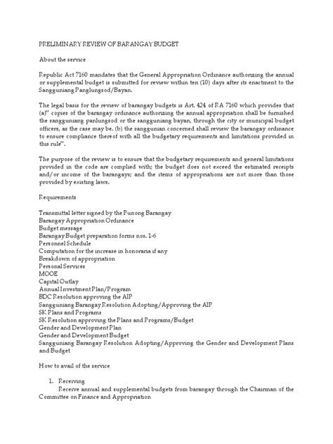 Preliminary Review Of Barangay Budget Pdf Budget Social Institutions