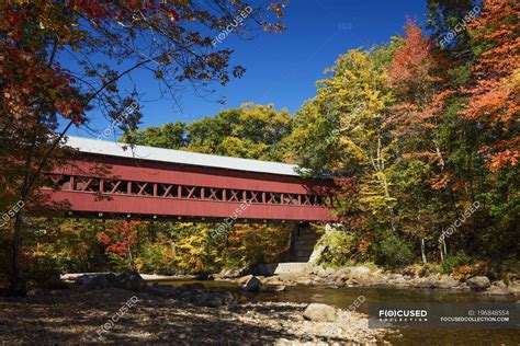 Saco River And Covered Bridge In Autumn White Mountains National