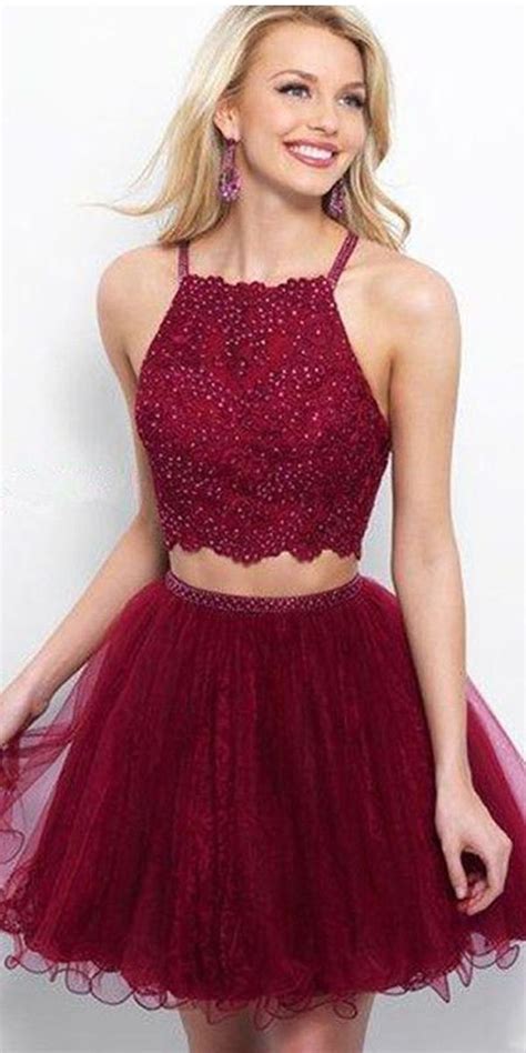 A Line Two Piece Appliques Burgundy Short Homecoming Dresses With