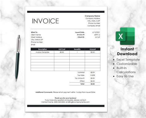 Ms Excel Invoice Template Spreadsheet Etsy