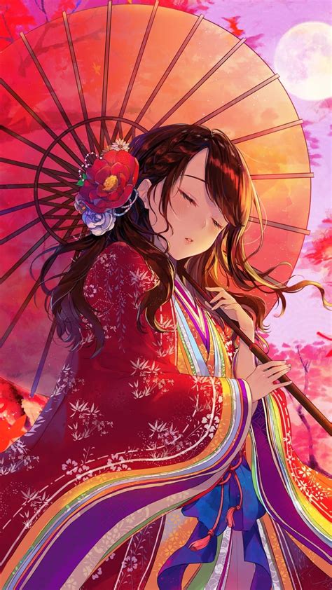 Download Fall Anime Cute Kimono Girl Wallpaper
