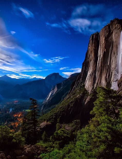 Wallpaper Yosemite National Park Trees Night Sky Waterfall Stars