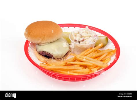 Cheeseburger With French Fries Or Chips Potato Salad And Pickle In Red