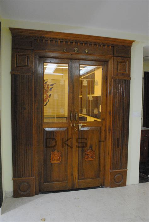 Traditional Pooja Door With Modern Glass Bell Itching Burma Teak
