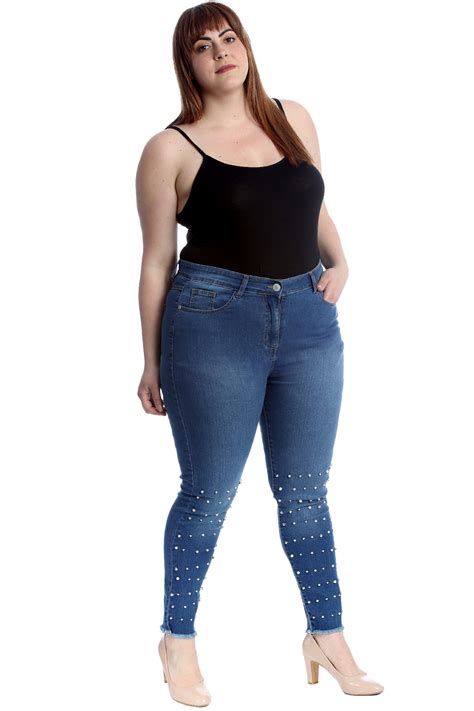 New Womens Jeans Plus Size Ladies Pearls Trousers Straight Leg Button