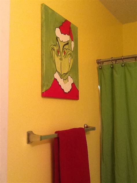 Seuss oh the places you'll go kid's bathroom decor. Grinch painting to go with green shower curtain ...