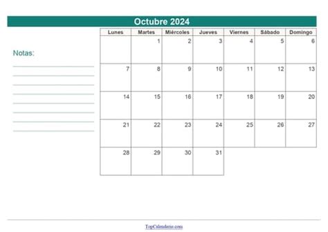 Calendario Octubre 2024 Para Imprimir Mensual Para Notas