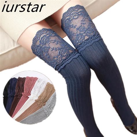 Iurstar Autumn Winter Sexy Women Lace Knee Stocking Sexy Women Sheer Lace Thigh High Vertical