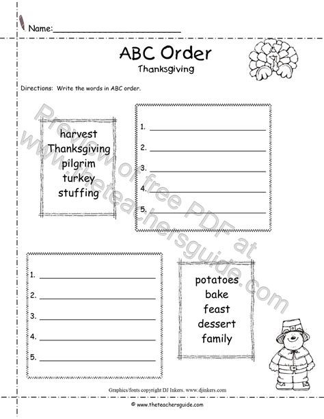 Questions may vary on the arrangement of alphabets. Thanksgiving Printouts from The Teacher's Guide