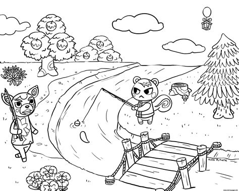 Animal Crossing Village Fishing Coloring Page Printable