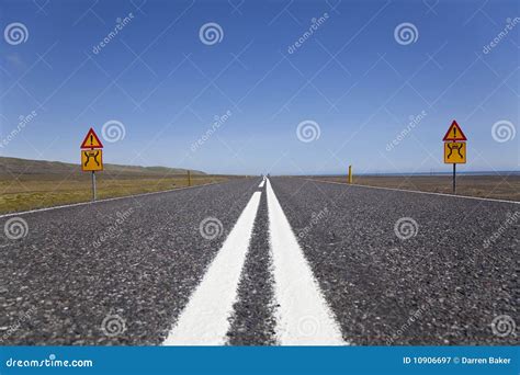 Wide Open Road With Warning Signs Stock Image Image Of Warning