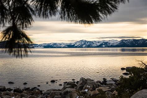 Golden Sunset Light Over Lake Tahoe Stock Image Image Of Shore Clear
