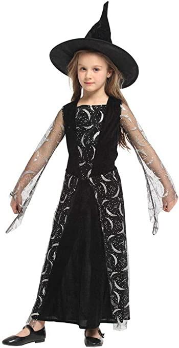 Girls Black Witch Dress Child Halloween Costume Cosplay Role Play Dress